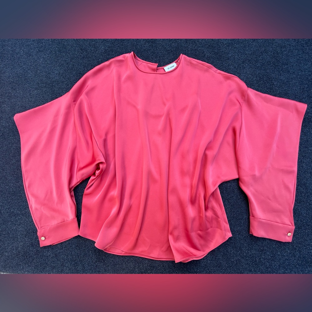 St. John Liquid Satin Blouse with Dramatic  Sleeves Crystal Buttons Coral Large - Picture 8 of 16